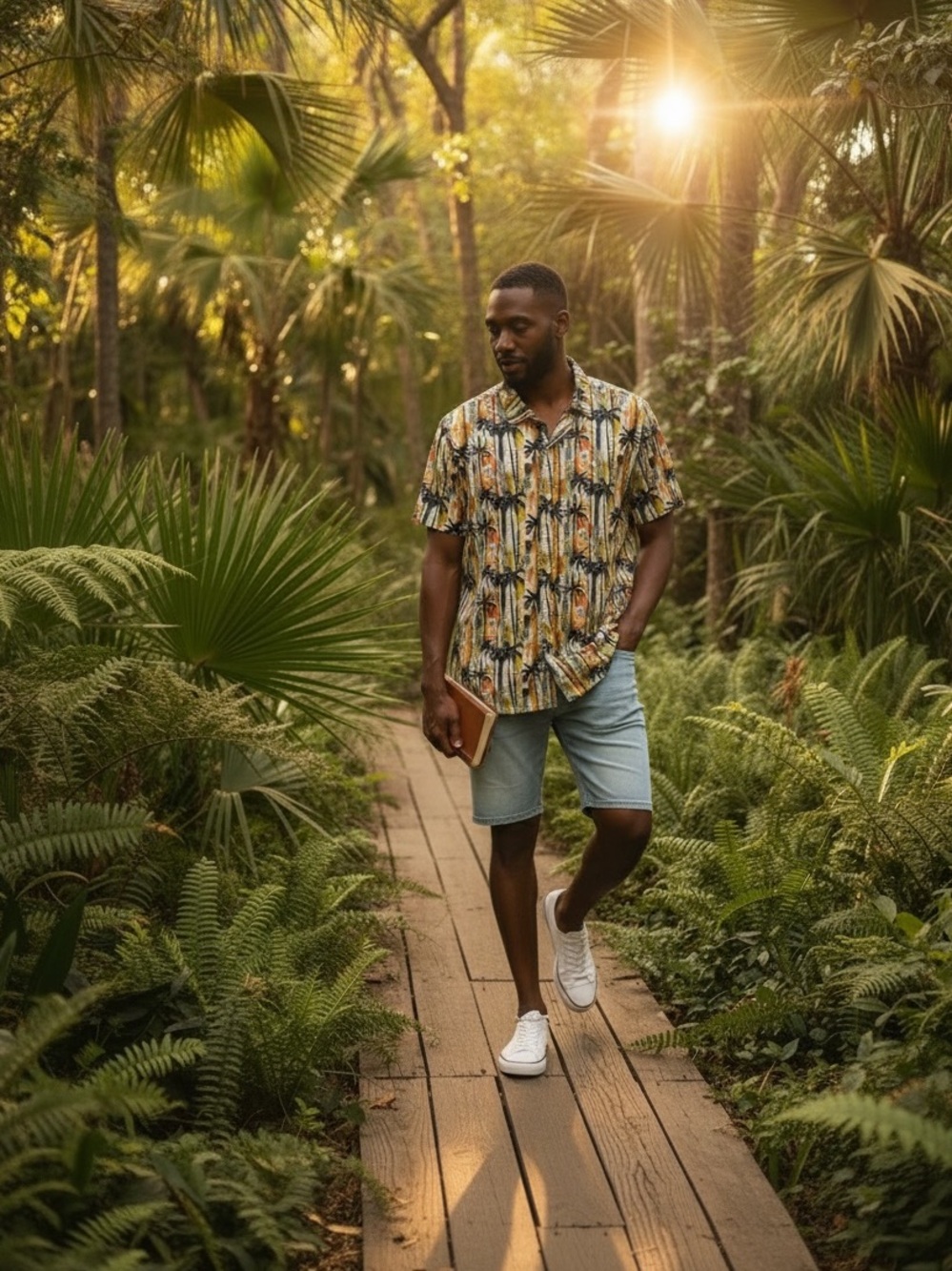 Men's Yellow Tropical Palm Print Short-Sleeve Button-Down Shirt
